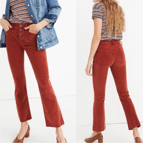 Madewell Denim - Madewell Cali Demi Boot Corduroy Jeans Rust Button High Rise Flared Crop 30